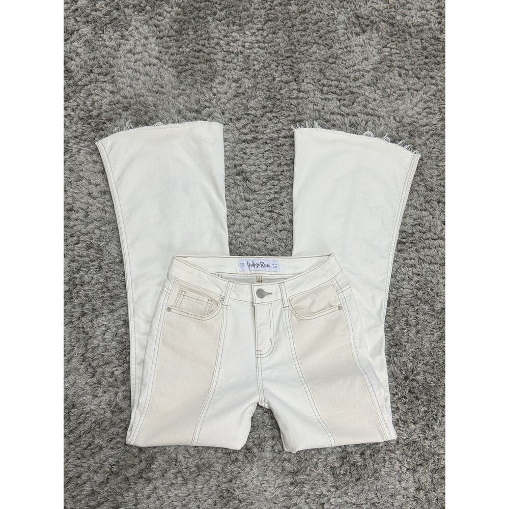 Y2K Indigo Rein Two Tone Flare Jeans Cream Beige Raw Hem Boho Women Size 3 25X32